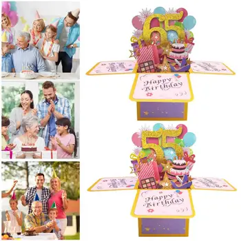Благославящи картички Цветна 3D кутия за рожден ден за мама татко празнуват своя 65-ти / 55-ти рожден ден със сладък балон със свещ за торта