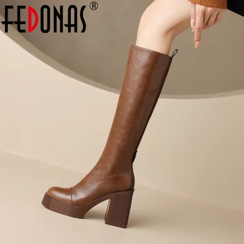 FEDONAS есен зима жени коляното високи ботуши естествена кожа платформи обувки жена супер високи токчета офис дама парти високи ботуши