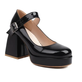 Zapatos De Mujer Елегантна модна платформа Токчета Mary Jane Square Toe Сватбени обувки Булка Дамски обувки Помпи Голям размер 48 H-13