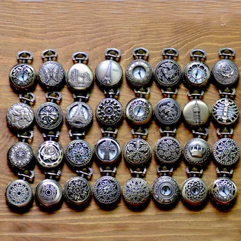 Реколта малък циферблат кварцов джобен часовник за мъже жени бронзов цвете случай Fob верига висулка огърлица часовник за колекция подарък
