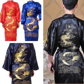 Модни мъже сатен китайски стил голям дракон кимоно бродерия симулация коприна халат пижами спално облекло рокля халат за баня нощно облекло
