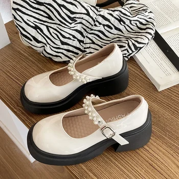 2023 Нови дамски обувки дебел ток висок ток малки кожени обувки перла мода единични обувки универсален ретро Мери Джейн обувки