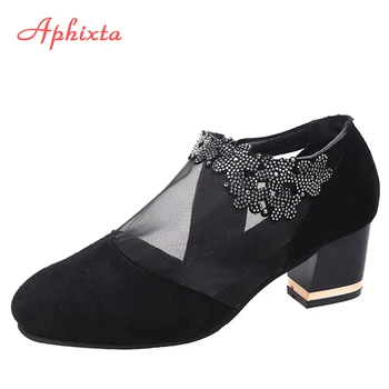 Aphixta летни въздушни окото обувки жени квадратни петата луксозен кристал bling хладни мокасини цип кристали зашити голям размер 43