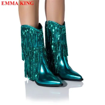 Нови женски есенни зимни западни ботуши Sequin Fringe глезена ботуши за жени метални кожени къси буци токчета дамски обувки сини
