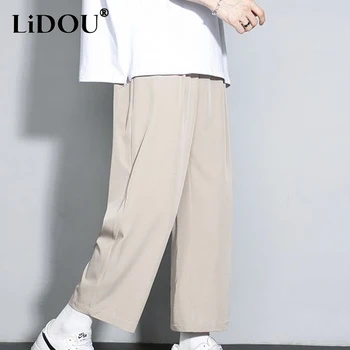 Пролет лято висока улица плътен цвят тънък стил глезена дължина панталони човек корейски стил ластик шнур широк крак панталони