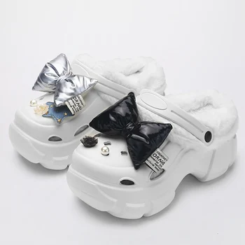 Зимни жени EVA платформа пеперуда-възел чехли мода водоустойчив топло меки космати чехли памук кожа плюшени сладки обувки 34-41