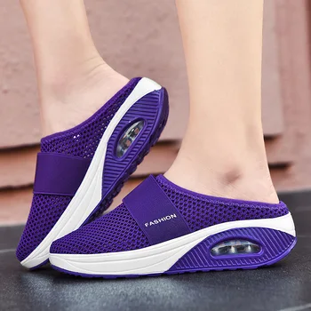голям размер дамски ежедневни обувки модна платформа клинове мулета лято открит плетени мрежести чехли дневно свободно време маратонки слайдове