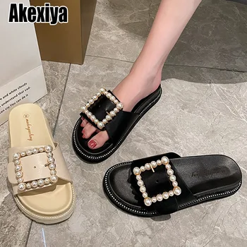 Square Pearl Buckle Slippers Women Black/Beige leather Slides 35-40 размер Платформа джапанки Crystal Femme BC6179