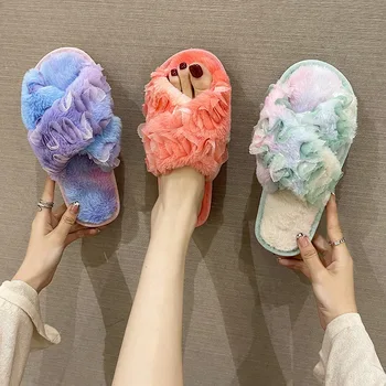 2023 Зимна топла мода дамски чехли корейска версия кръст каишка смесени цветове бонбони случайни всички мач сладки дамски обувки