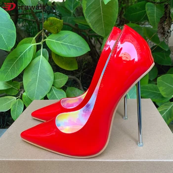 Моден дизайнер жени 12 см метални помпи цветни еднолични стилети високи токчета дами заострени пръсти сватба червена рокля обувки размер35-46