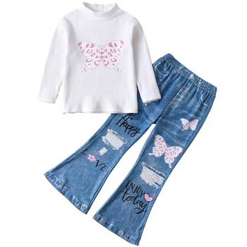 2Piece пролетни детски дрехи момиче облекло комплекти корейски моден печат памук дълъг ръкав върховете + разкроени панталони бебе облекло BC1203-1