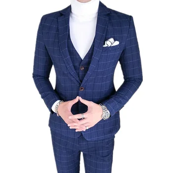 Мъжки костюм 3 части комплект нетактичност панталони жилетка британски стил бизнес банкет бутик високо качество яке палто панталони размер 5XL