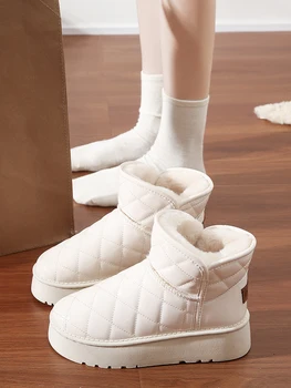 Зимни ботуши Дамски обувки Кръгли пръсти Австралия ботуши-жени плосък ток 2023 Лолита мед глезена сняг каучук дантела нагоре Рим приплъзване