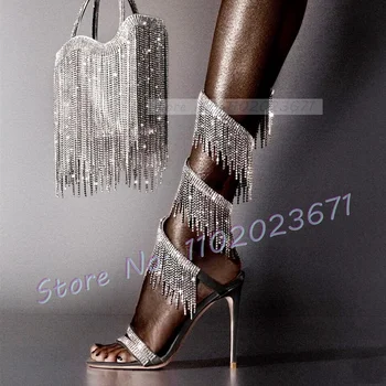 Кристални пискюли Strappy сандали жени високи токчета отворени пръсти блестящи луксозни обувки дами лято шик парти дантела нагоре висулка обувки