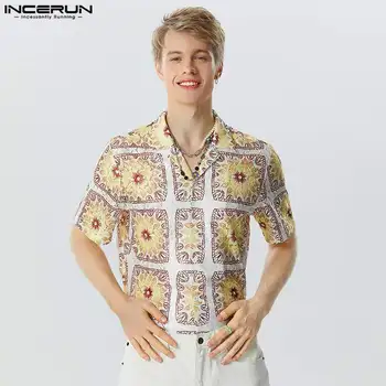 Casual ваканция стил върховете INCERUN красиви мъже ажурна дантела печат ризи красив мъжки къс ръкав ревера блуза S-5XL 2023