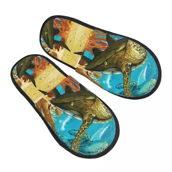 Зимни жени Мъже Неплъзгащи се плоски чехли Морски костенурки Вътрешна кожа Меки топли обувки