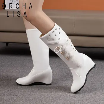 ORCHA LISA Женски средни телешки ботуши кръгли пръсти увеличени токчета клинове 5,5 см приплъзване на кристал плюс размер 42 43 44 Сладки обувки за запознанства