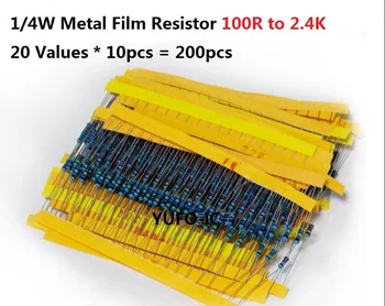  20 стойности * 10PCS = 200PCS 100R-2.4K ома 1 / 4W 5% метален комплект за резистор за запълване Асорти 1K 2K 2.2K 150R 180R 200R асортимент пакет