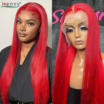 Hot Red Lace Front Human Hair Wigs 13X4 Hd Прозрачни дантелени челни перуки Pre оскубани перуански бургундски прави дантелени предни перуки