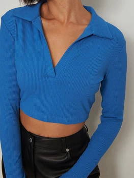 Жените ревера изрязани тениски случайни дълъг ръкав V врата плътен цвят тънък годни дръжкова пуловер върховете тренировка ризи блуза ежедневно