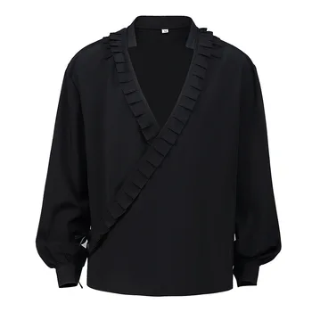 Нови мъже черен памук V врата фенер ръкави ренесанс реколта Топ Steampunk косплей облекло пиратски стил викторианска готическа риза