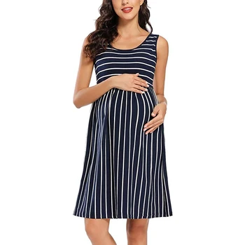 Майчинство жена Camis рокля лято майчинство дрехи ивица хлабав без ръкави плюс размер рокля мода случайни бременни облекло