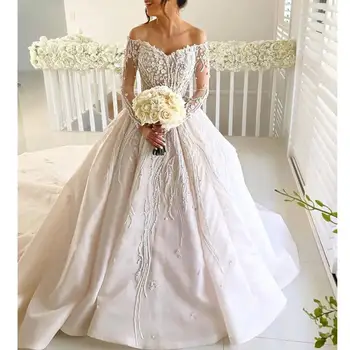 Vestidos De Novia 2019 Секси лодка врата топка рокля сватбена рокля луксозни мъниста дълги ръкави сватба расте булката рокля