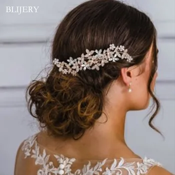 BLIJERY Луксозни флорални булчински аксесоари за коса Розово злато цвят кристал сватба гребени за коса за жени коса бижута булки подаръци