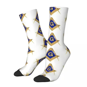 Смешни мъжки чорапи Freemason Gold Square Compass бял фон масонски реколта Harajuku новост екипаж чорап подарък модел отпечатани