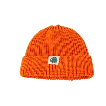 Есен Зима Плътен цвят Бебешка плетена шапка Топла мека мека шапка за подгъване Детски момичета Момчета за FROG кърпа етикет капачка