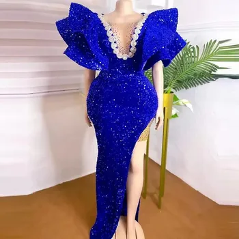 Royal Blue Velvet Sequine Mermaid Prom Dresses Tiered Ruffles Sleeves Официална женска парти рокля Секси странични сплит вечерни рокли