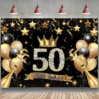 Честит 50-ти рожден ден фон блясък черно злато балони шампанско петдесет години фон пенливи диамант банер декорации