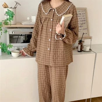 INS Нова кукла яка пролет есен дами пижами жакард каре домашен костюм волани извън износване случайни спално облекло пижами жени