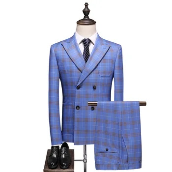 S-5XL Blazer Vest Pants Luxury High-end Brand Men's Slim Formal Business Blue Plaid Suit 3piece Groom Wedding Dress Party Tuxedo