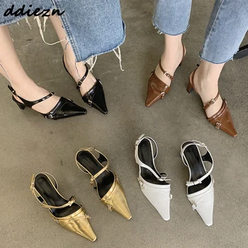 Мода катарама каишка жени помпи обувки със среден ток нов 2023 плитък заострени пръсти дамски сандали луксозни женски обувки на ток