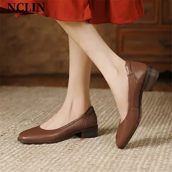 2024 Нова пролет/есен Square Toe Жени Помпи Буци токчета естествена кожа мокасини обувки за жени Дамски обувки Zapatos De Mujer