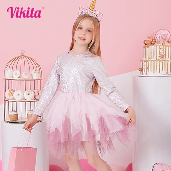 VIKITA момичета неправилна рокля деца изпълнение вечер рожден ден парти абитуриентски бал рокля тюл принцеса пластове рокли детски дрехи