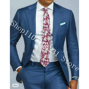 Blue Tuxedos Мъжки костюми Slim Fit Blazer Официален бизнес Groom Wear 2 броя Мъже Сватбени костюми Яке панталони Trajes De Hombre