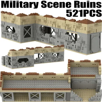 MOC City Military Scene Ruins Building Blocks WW2 Army Ruin Battlefield Scene Fortress Blockhouse Gun Weapon Bricks Toy Kid Gift