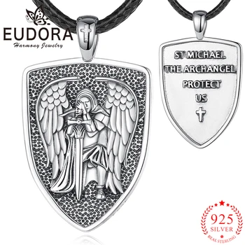 Eudora 925 стерлинги сребро Свети Михаил Архангел огърлица кръст щит реколта висулка мъже жени глоба религиозни бижута подарък