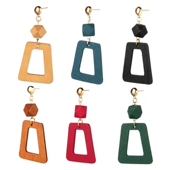 нов дизайн 6 цвята геометричен трапец дървена жена обеци персонализирани цветни момиче обеци реколта прости бижута подарък