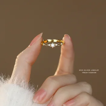 Girls Real 925 стерлинги сребро френски леки луксозни черупки перли пръстен за жени сватбено парти фини бижута на едро