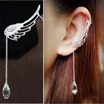 Мода Ангел крило сребърно покритие кристал верига капка виси ухото маншет клип обеци