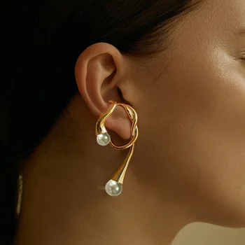 Flymoon нови перлени клип обеци за жени творчески дизайн геометричен метал неправилна ухо кост клип бижута женски серьги