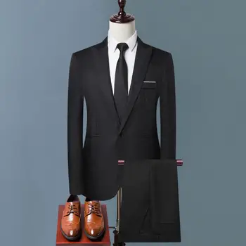 Мъжки панталони комплект стилен мъжки бизнес работно облекло комплект ревера еднореден тънък годни средно покачване панталони плътен цвят дълъг ръкав ревера