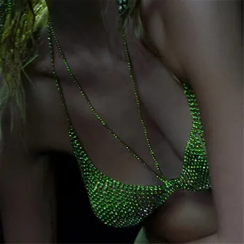 Cosysail лъскав кристал зелен BIkini верига за тяло за жени момиче секси кристал сутиен верига бельо нощен клуб част тяло бижута