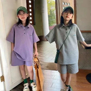 Дамски летни дрехи детски къс ръкав топ шорти от 2 части детско спортно облекло 5-16 години ежедневни облекла за момичета