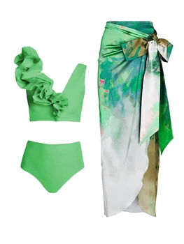 Green Art Print Комплект бикини 3D флорален бански и покриване на бански от две части с Midi Sarong Ново плажно облекло Секси Монокини