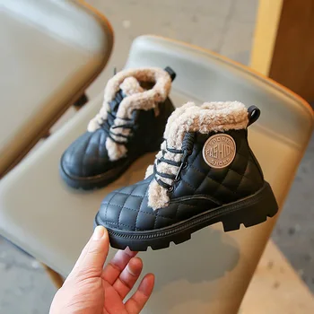 Детски ботуши Зима за момчета Памучни обувки Плюшени топли момичета Къси ботуши Мода Детски студентски обувки 2023 кожени обувки