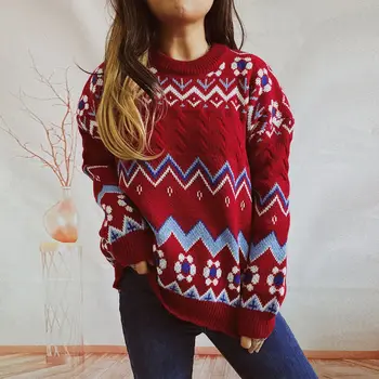 2024 Есен/Зима Нов хлабав геометричен модел кръг врата дълъг ръкав плетен пуловер пуловер